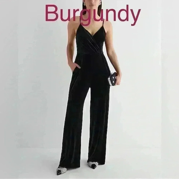 Express Pants - Express Velvet V-Neck Surplice Wide Leg burgundy Jumpsuit tapered leg not shown
